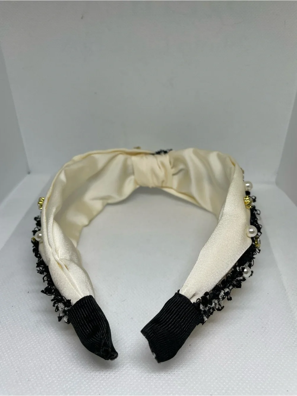 Silk Pearl & Gem Embellished Knotted Headband - Cream